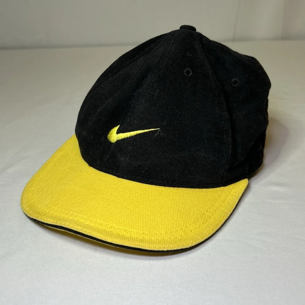 Vintage Nike Hat Yellow Black Center Swoosh Embroidery Made in USA Hook/Loop Str